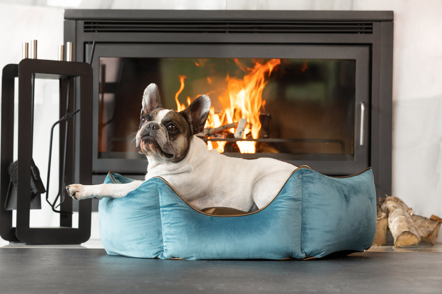 Hundebett Krone blau/ metallic beige